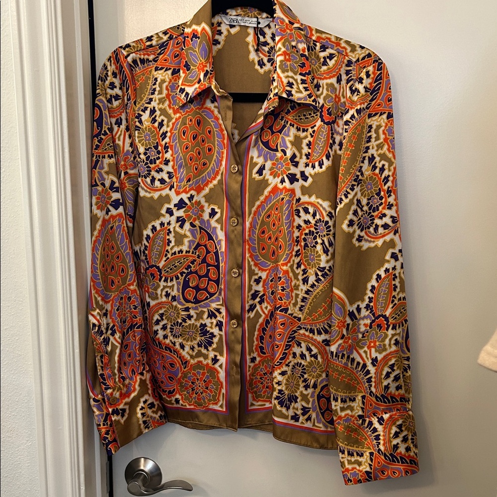 Zara Multi-Color Paisley Button-Up Blouse (Brown, Orange, Purple)